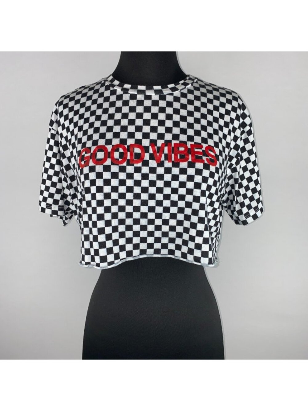 Akira Good Vibes Crop Top Womens L Black White Checker Red Graphic Print Trendy